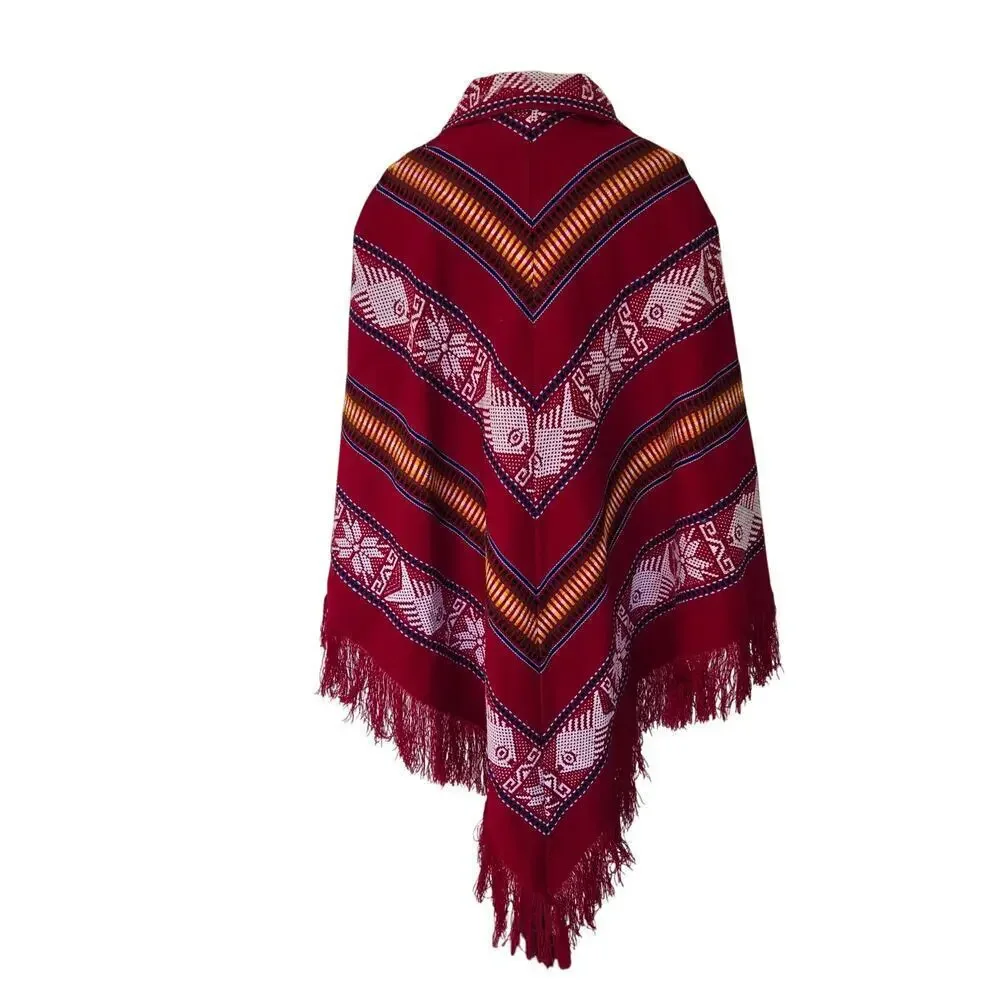 Handmade Otavalo Red Wool Poncho/Cape Made in Ecuador One Size Tribal Boho